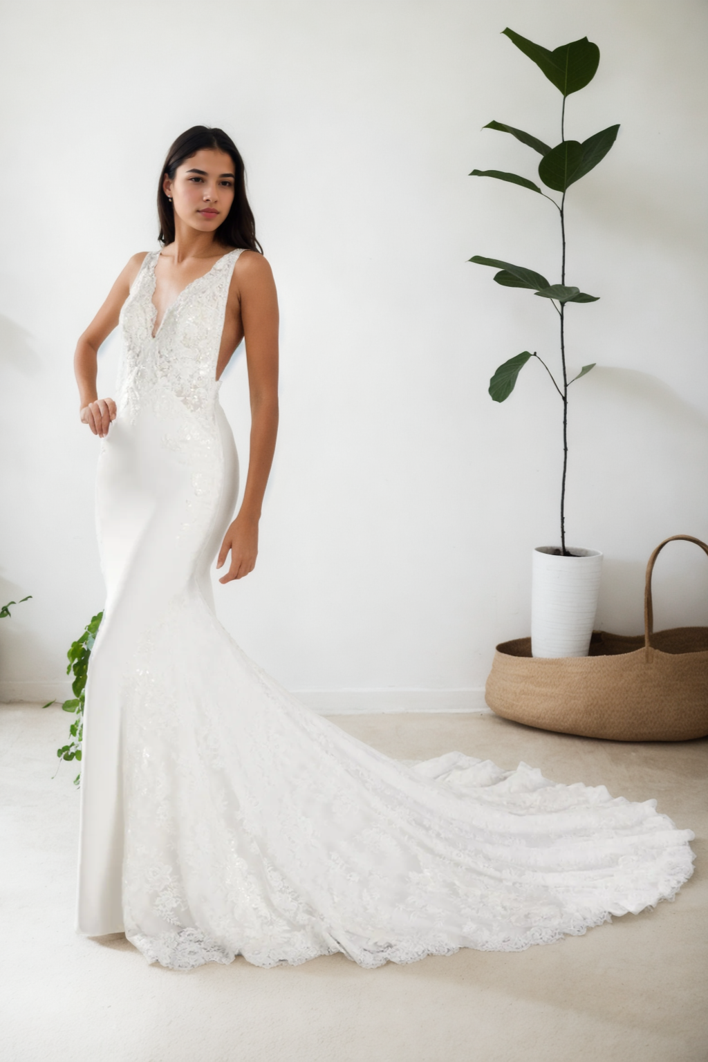 ashionable Mermaid Bridal Gown With Deep V-Neck, Beaded Floral Lace, Spaghetti Straps, And Modest Back Design For Elegant Brides