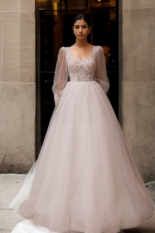 Personalized Modern A-Line Bridal Gown With Square Neckline, Long Sleeves, And Flowing Tulle Train In Premium Off-White Floral Lace And Sparkling Tulle