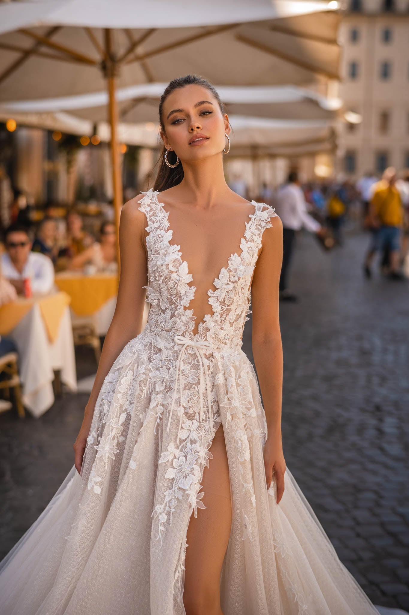 Youthful A-Line Wedding Dress Featuring Deep V-Neck with Straps and Flared Train with High Slit in Premium Off-White Lace