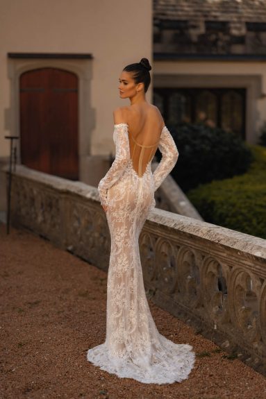 Handmade Stylish Mermaid Bridal Gown With Off-Shoulder Neckline, Long Sleeves, Long Train, And Open Back In Soft Ivory Floral Lace (Copy)