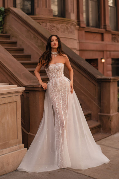 Fashion-Forward Custom Mermaid Wedding Dress With Off-Shoulder Long Sleeves, Beaded Tulle Train, And Luxe Lining