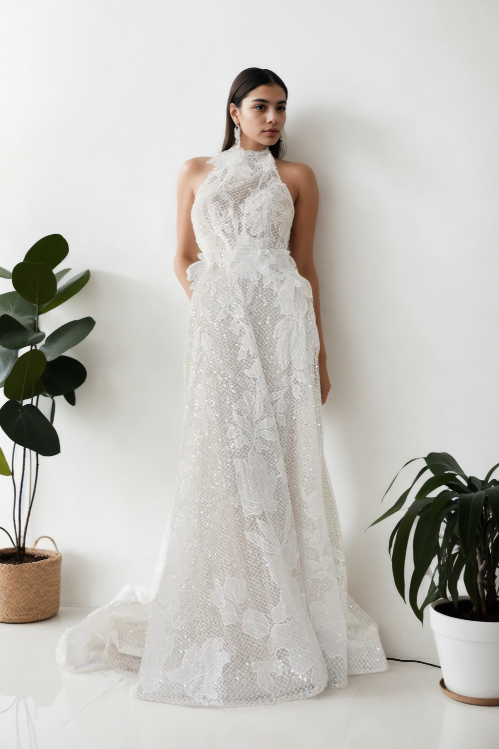 Custom Youthful A-Line Bridal Gown In Premium Off-White Beaded Lace With Halter Neckline, Sleeveless Design, Open Back, And Soft Flowing Train