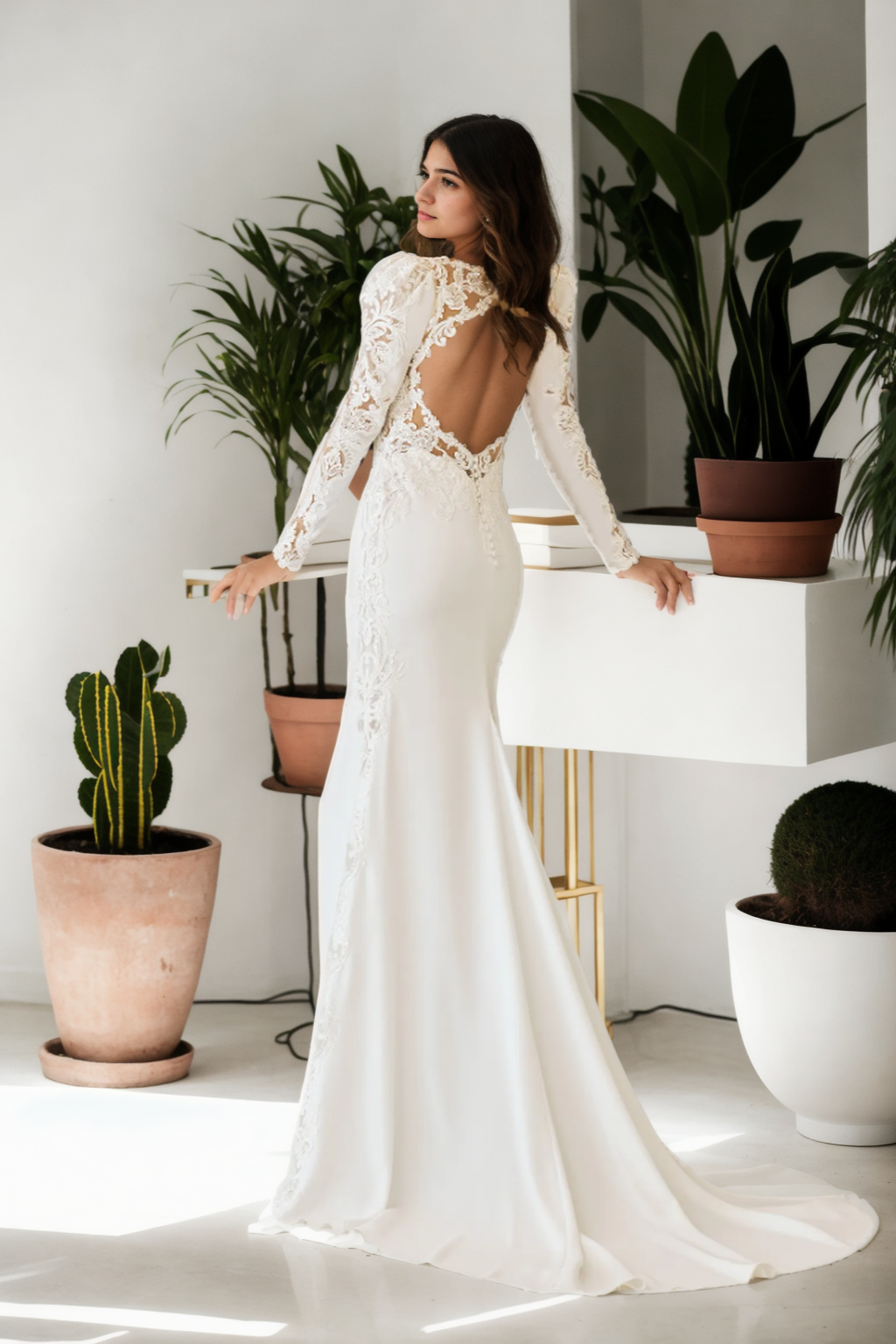 Royal Mermaid Bridal Gown With Deep V-Neck, Puffy Long Sleeves, Soft Medium-Length Train In Fresh Off-White Satin Fabric