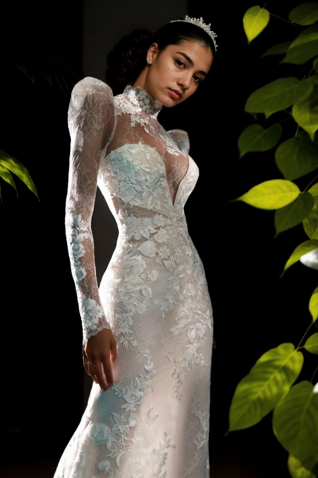 Luxurious Mermaid Bridal Gown With Deep V-Neck, Long Sleeves, Soft Train In Premium Off-White Floral Lace