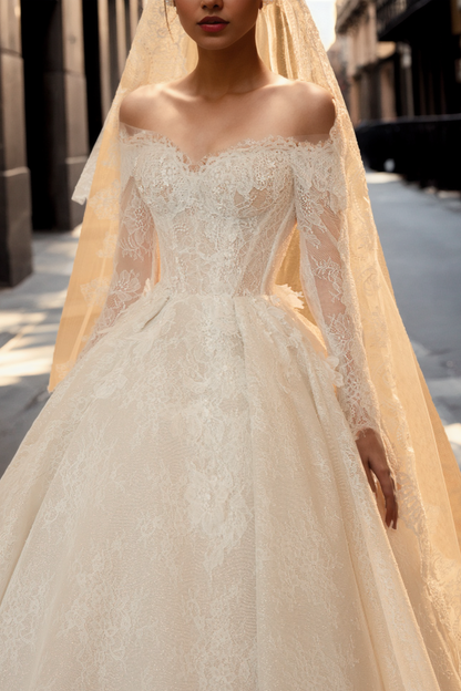 Off-Shoulder Lace Ball Gown Wedding Dress with Long Sleeves