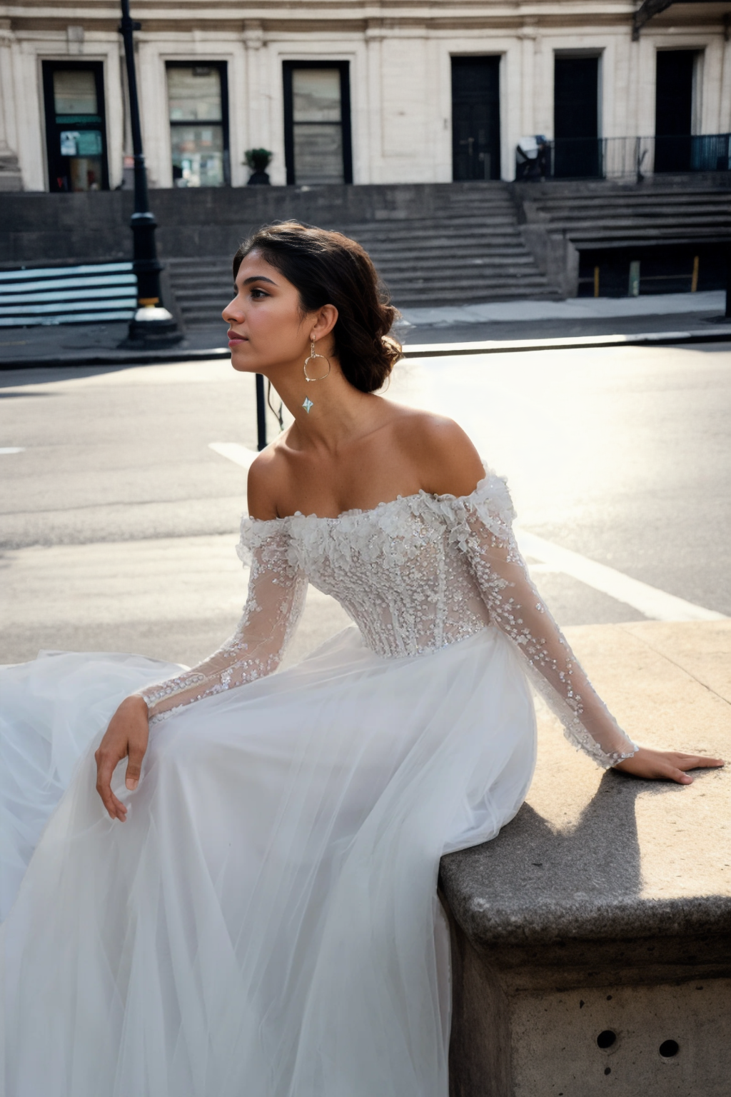 Personalized Elegant A-Line Bridal Gown With Straight Neckline, Long Sleeves, And Flowing Train In Soft Ivory Tulle With 3D Floral Lace And Beading