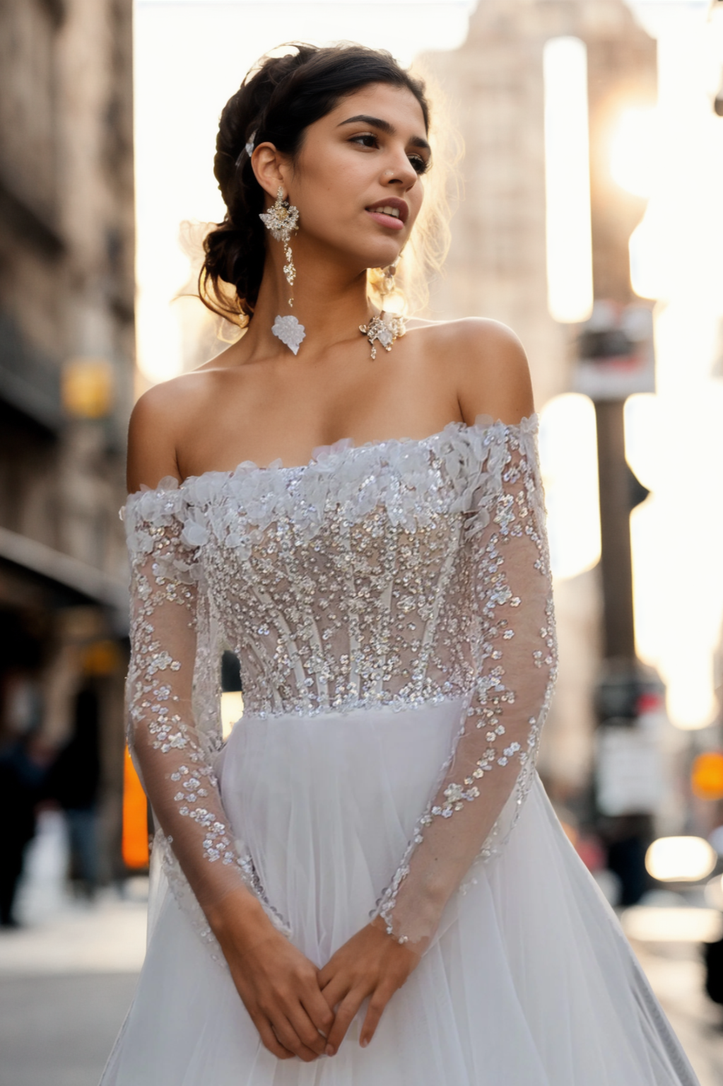 Personalized Elegant A-Line Bridal Gown With Straight Neckline, Long Sleeves, And Flowing Train In Soft Ivory Tulle With 3D Floral Lace And Beading