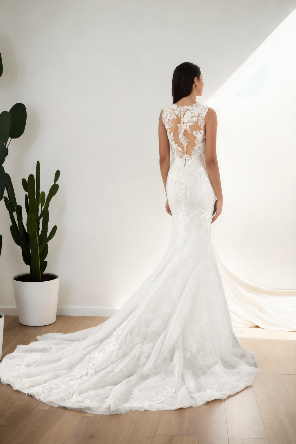 Handmade Sparkling A-Line Wedding Dress With Scoop Neckline, Crisscross Back, And Beaded Tulle Train