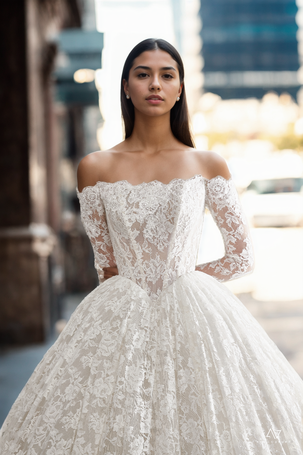 Personalized Luxurious Ball Gown Bridal Dress With Off-Shoulder Neckline, Long Sleeves, And Grand Full Train In Premium Off-White Floral Lace