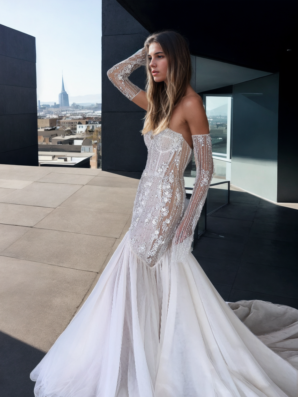 Personalized Sparkling Mermaid Bridal Gown With Sweetheart Neckline, Long Detached Sleeves, And Flowing Tulle Train In Soft Ivory Tulle With Glittering Beading