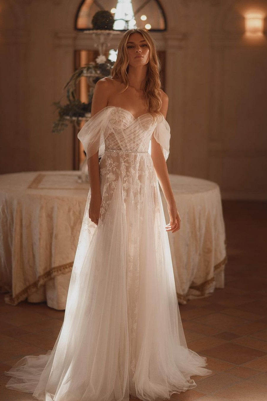 Off-the-Shoulder Corset Wedding Dress with A-line Design in Soft Tulle Fabric