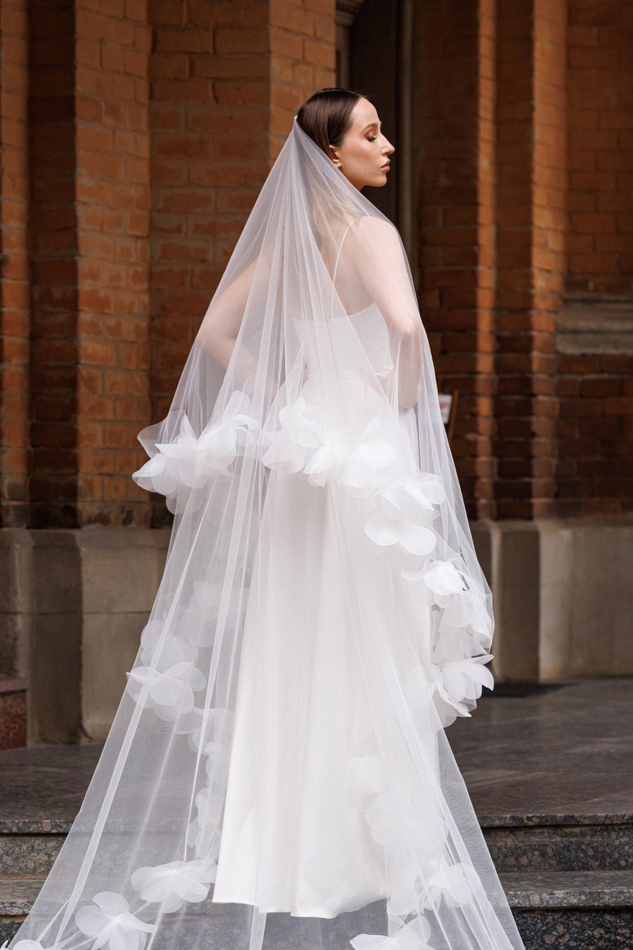 Ethereal Cathedral-Length Tulle Wedding Veil with 3D Floral Appliqués