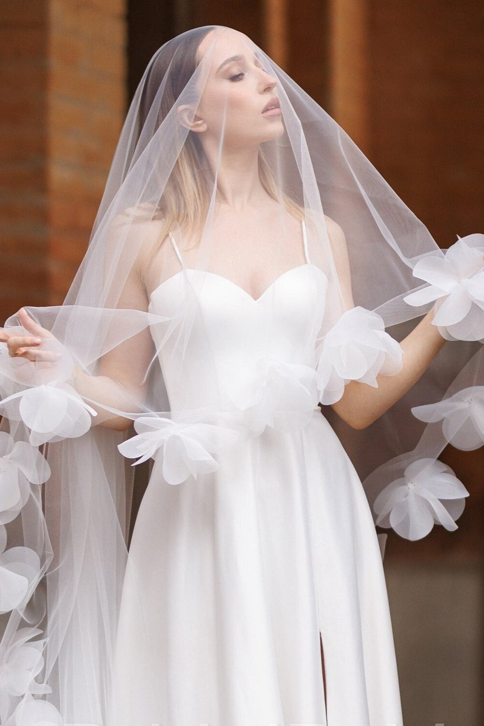 Ethereal Cathedral-Length Tulle Wedding Veil with 3D Floral Appliqués