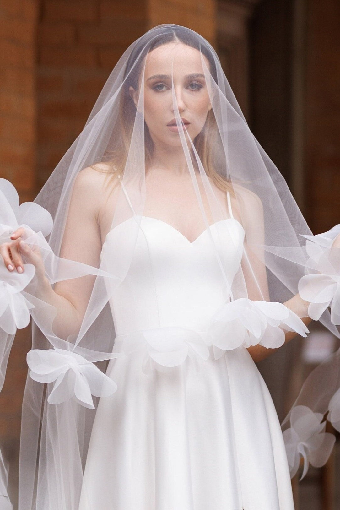 Ethereal Cathedral-Length Tulle Wedding Veil with 3D Floral Appliqués