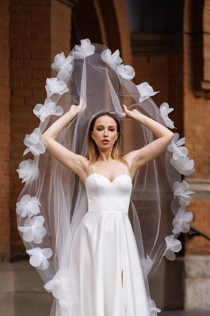 Ethereal Cathedral-Length Tulle Wedding Veil with 3D Floral Appliqués