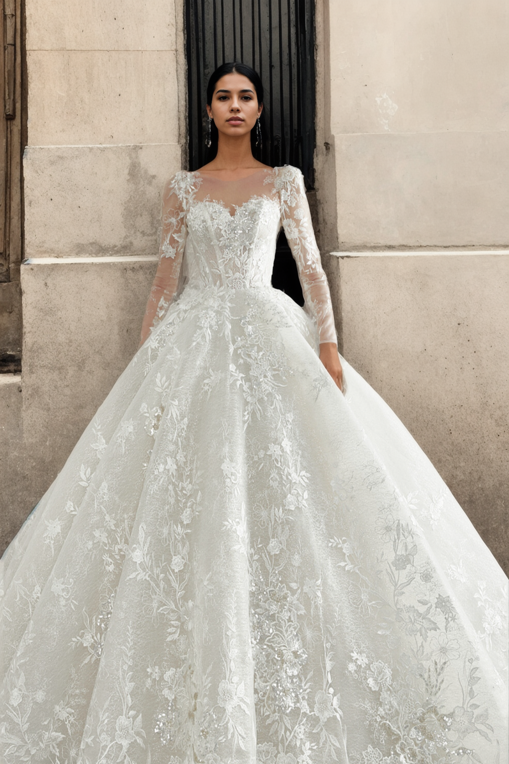 Personalized Royal Ball Gown Bridal Dress With Sweetheart Neckline, Long Sleeves, And Grand Full Skirt In Premium Off-White Floral Lace And Sparkling Tulle