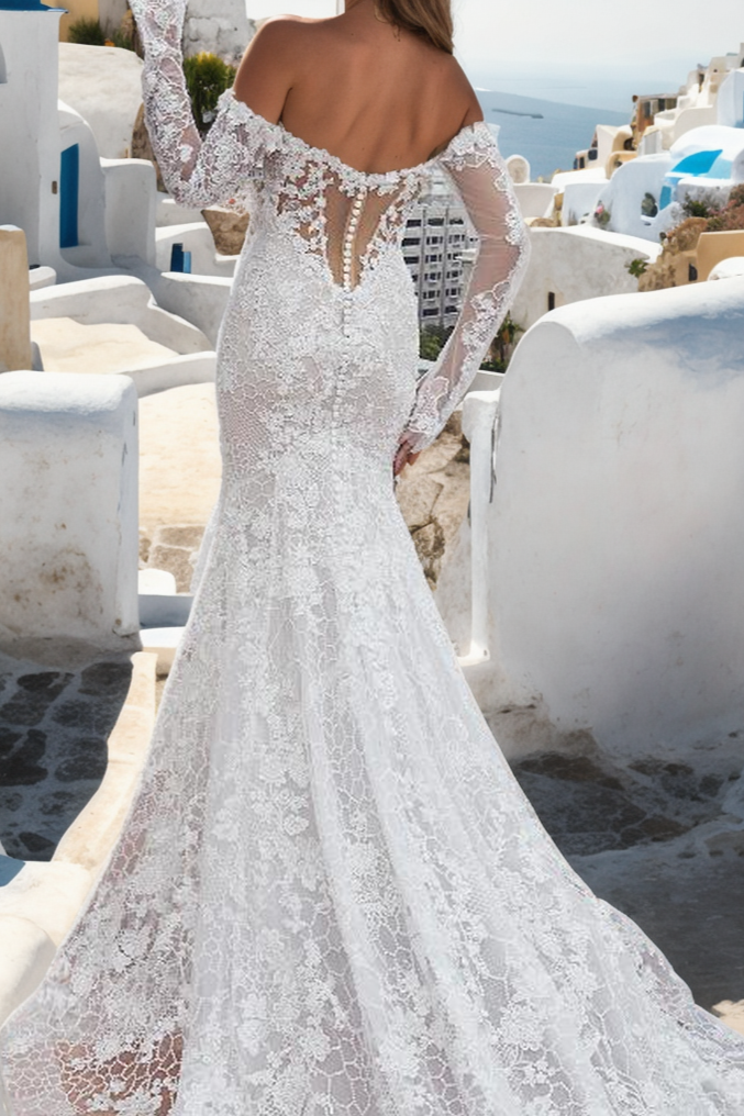 Custom Floral Mermaid Wedding Dress With Sweetheart Neckline, Detachable Long Sleeves, And Lace Train