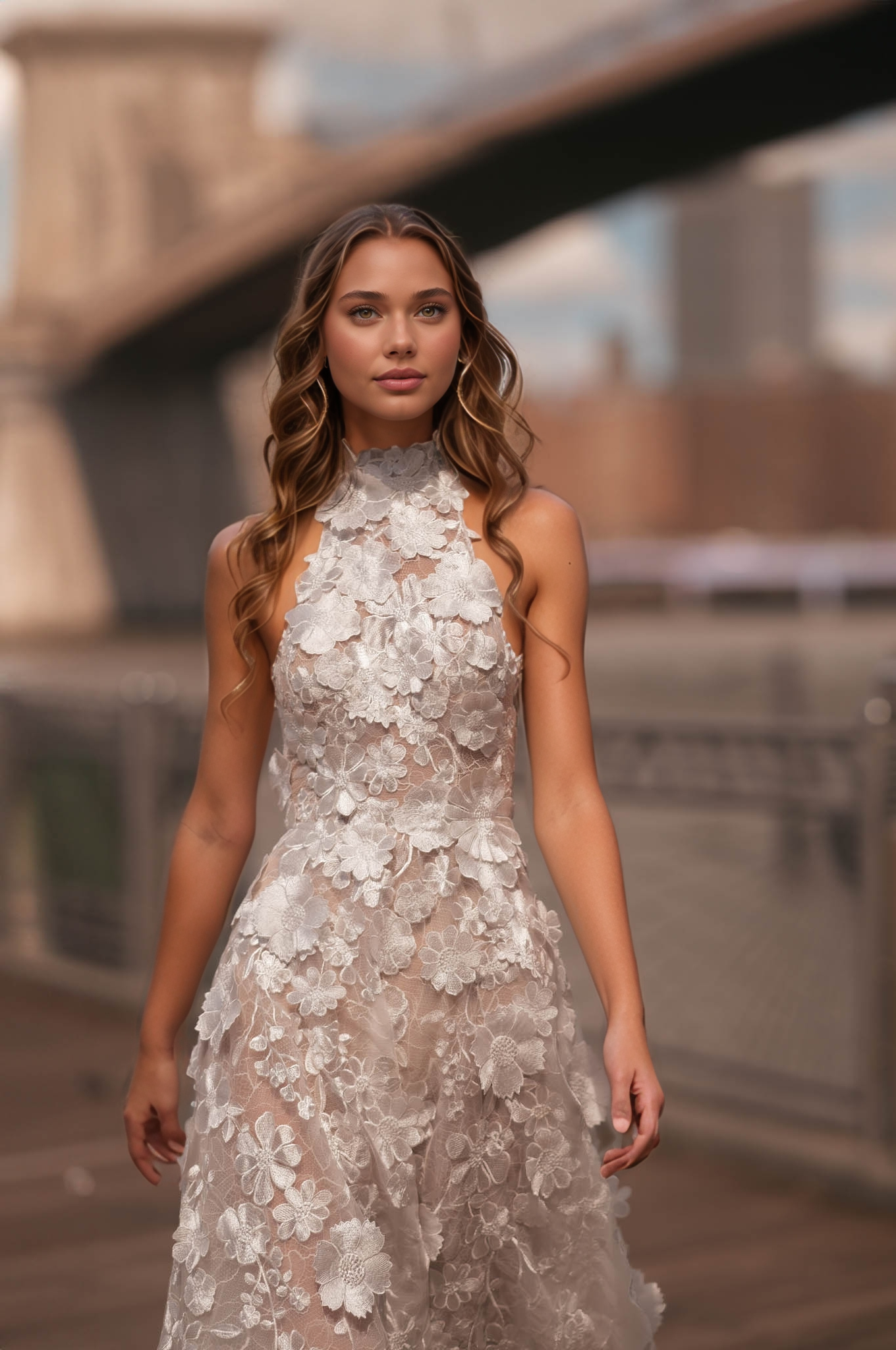 Elegant bridal gown featuring a halter neckline, sheer illusion bodice, and intricate floral appliqués.