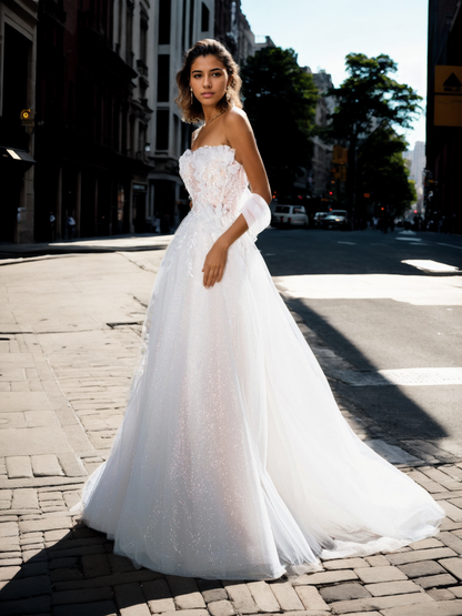 Personalized Luxurious A-Line Bridal Gown With Straight Neckline, Detached Sleeve, And Flowing Skirt In Premium Sparkling Ivory Floral Lace And Tulle