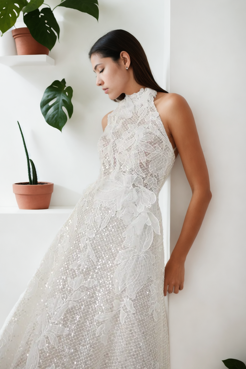 Custom Youthful A-Line Bridal Gown In Premium Off-White Beaded Lace With Halter Neckline, Sleeveless Design, Open Back, And Soft Flowing Train