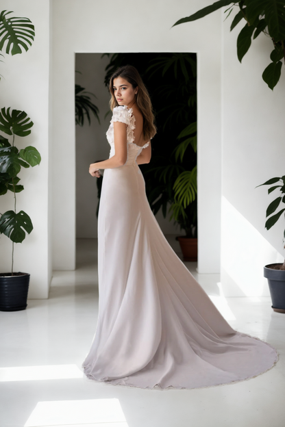 Minimalist A-Line Wedding Dress In Lightweight Ivory Satin With Beautiful 3D Floral Embellishments, Straight Neckline, Spaghetti Straps, And Floor-Length Train