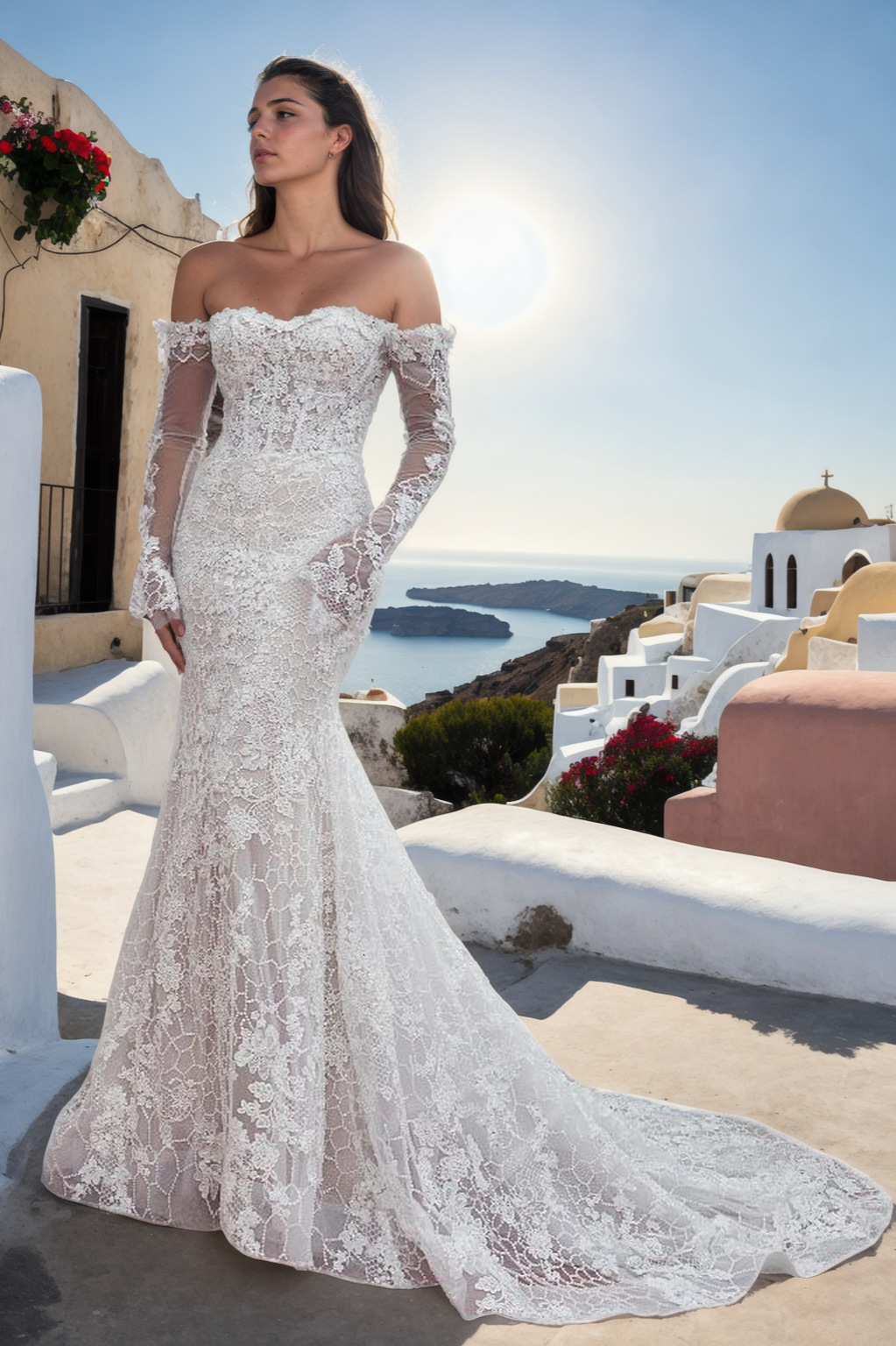 Custom Floral Mermaid Wedding Dress With Sweetheart Neckline, Detachable Long Sleeves, And Lace Train