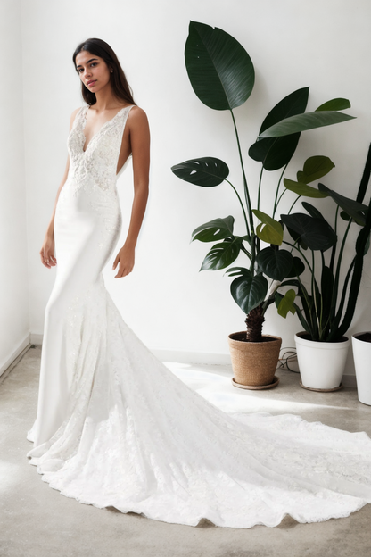 ashionable Mermaid Bridal Gown With Deep V-Neck, Beaded Floral Lace, Spaghetti Straps, And Modest Back Design For Elegant Brides