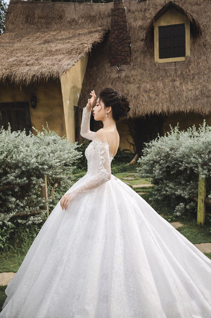 Norabel - Radiant Royalty: A-Line Princess Wedding Dress with Long Sleeves & Sparkling Floral Lace