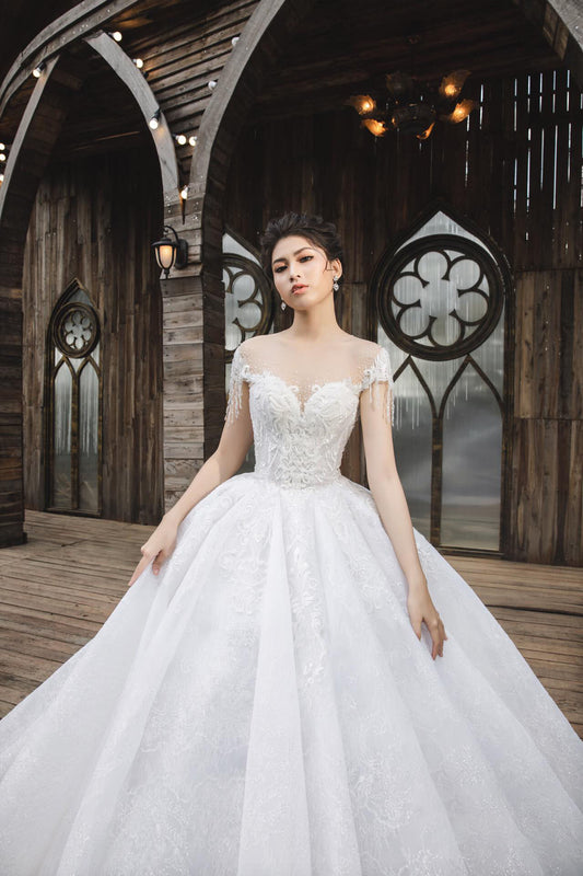 Off-Shoulder A-Line Princess Wedding Dress with Sparkling and Luxury Accents