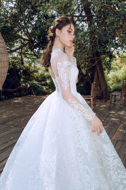 Elena - A-Line Princess Wedding Dress with Stylish Long Sleeves - Unveil the Mysterious Sparkle with Elegance!