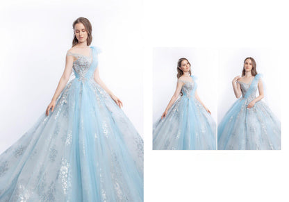 Athena - Exquisite Princess Ball Gown Wedding Dress: Sparkling A-line with Off-Shoulder Sleeves and Enchanting Grey-Seafoam Color Blend