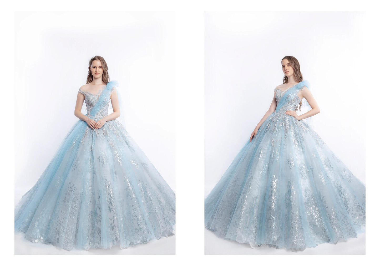 Princess Ball Gown Wedding Dress, Sparkling A-line with Off-Shoulder Sleeves and Enchanting Grey-Seafoam Color Blend