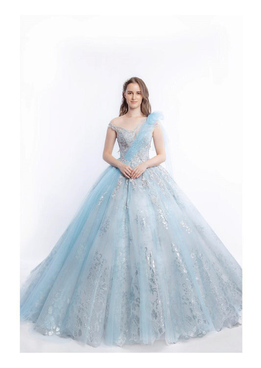 Princess Ball Gown Wedding Dress, Sparkling A-line with Off-Shoulder Sleeves and Enchanting Grey-Seafoam Color Blend