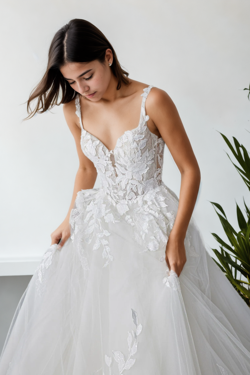 Romantic Custom A-Line Bridal Gown In Soft Tulle And Premium Off-White Floral Lace With Sweetheart Neckline, Spaghetti Straps, And Long Romantic Train