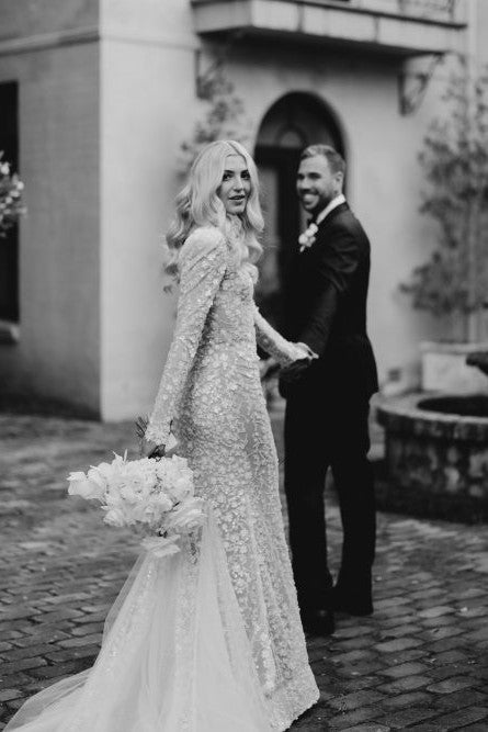 Long sleeve mermaid wedding dress with open back, Sparkly floral lace boho wedding dress