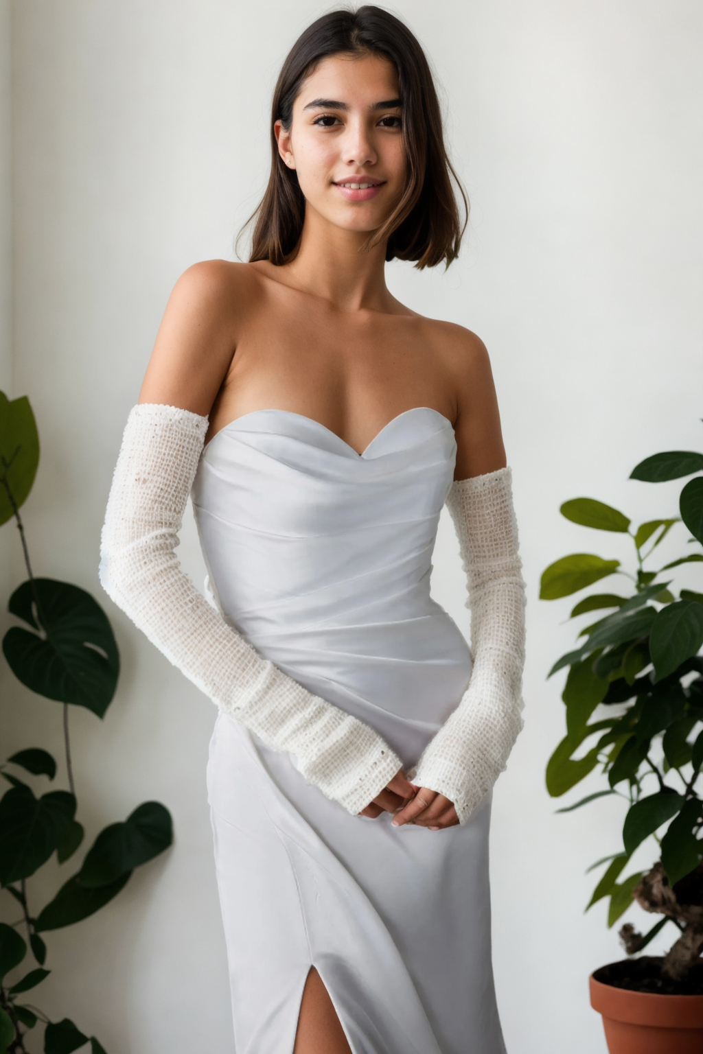 Minimalist Mermaid Wedding Dress In Lightweight Premium Off-White Satin With Sweetheart Neckline, Detached Sleeves, And High-Slit Long Train