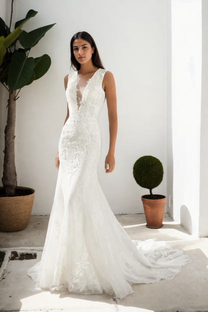 Handmade Sparkling A-Line Wedding Dress With Scoop Neckline, Crisscross Back, And Beaded Tulle Train