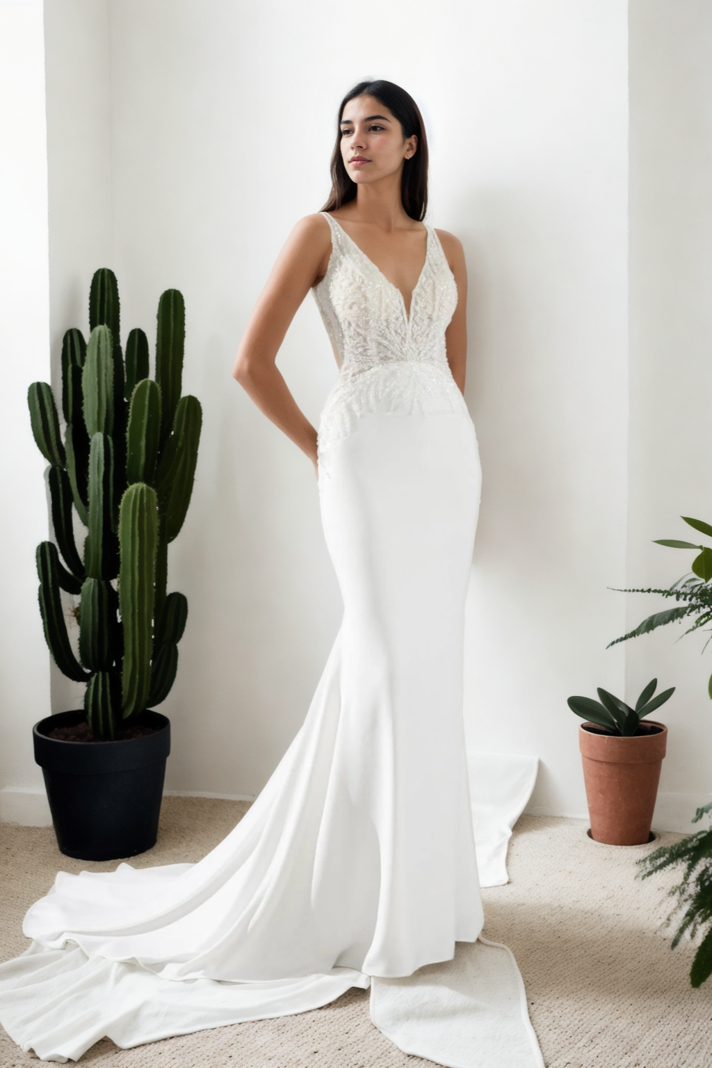 Custom Off-White Satin Mermaid Wedding Dress with Beading & Flared Train