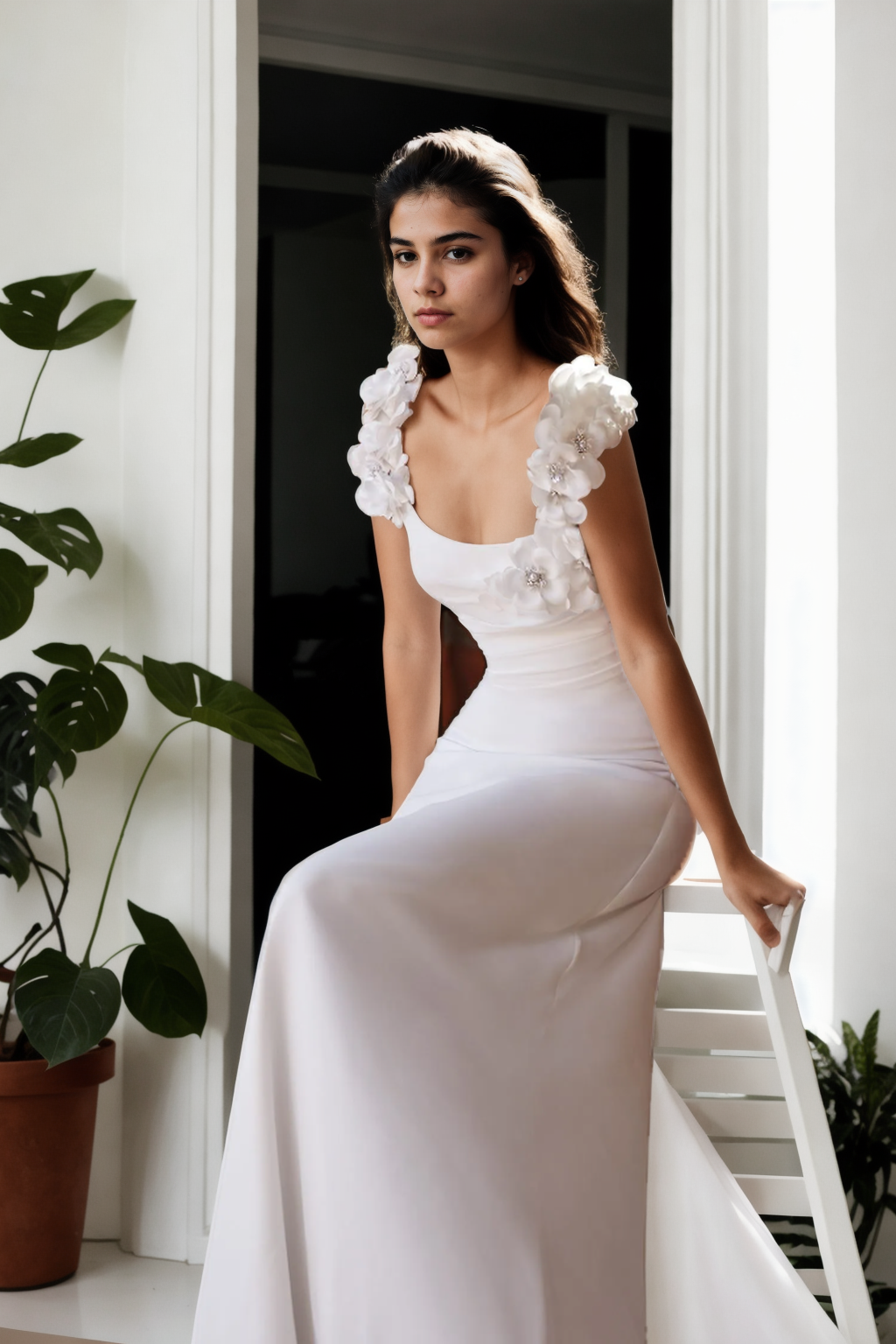 Minimalist A-Line Wedding Dress In Lightweight Ivory Satin With Beautiful 3D Floral Embellishments, Straight Neckline, Spaghetti Straps, And Floor-Length Train