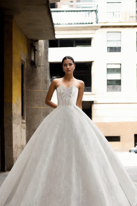 Personalized Luxurious Ball Gown Bridal Dress With Sweetheart Neckline, Long Detached Sleeves, And Voluminous Train In Premium Ivory Floral Lace