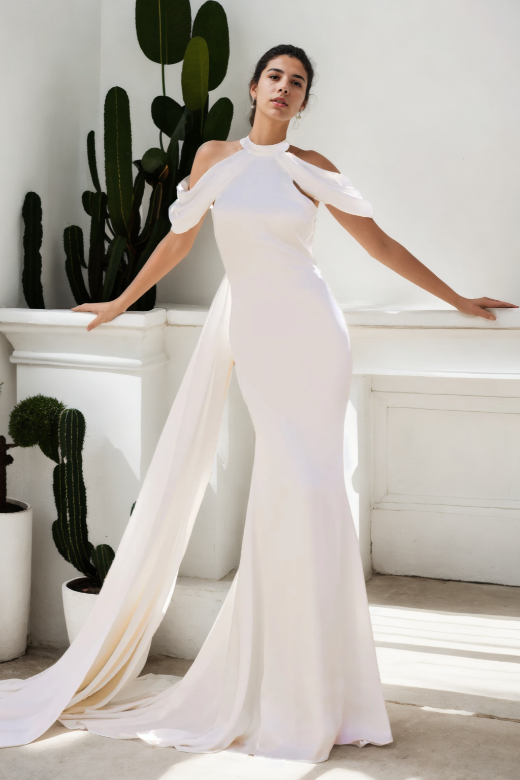 Minimalist Mermaid Bridal Gown With Halter Neck, Elegant Off-Shoulder Sleeves, Soft Flowing Train In Fresh Off-White Satin