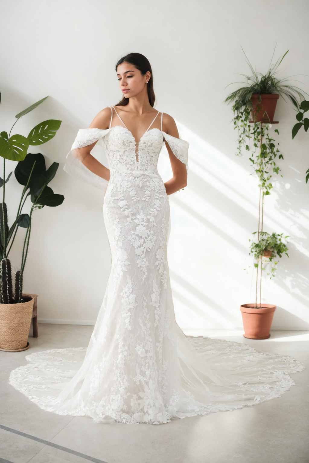 Custom Elegant Mermaid Bridal Gown In Premium Ivory Floral Lace And Tulle With Plunging Off-Shoulder Neckline, Spaghetti Straps, And Luxurious Long Train