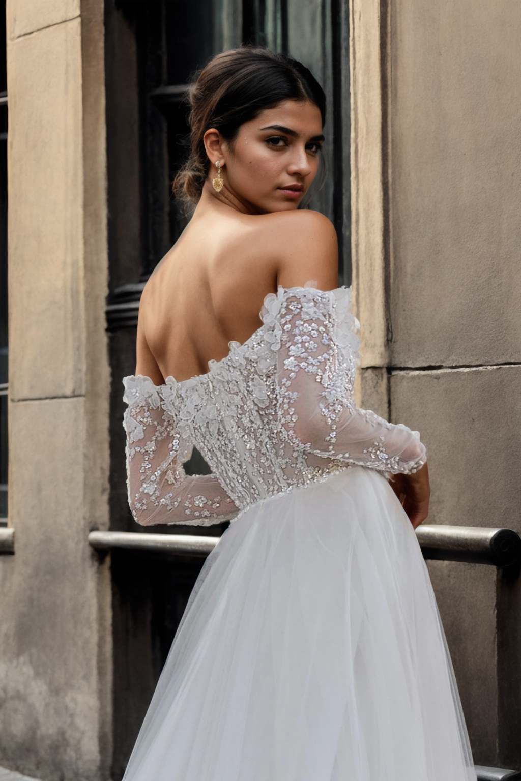 Personalized Elegant A-Line Bridal Gown With Straight Neckline, Long Sleeves, And Flowing Train In Soft Ivory Tulle With 3D Floral Lace And Beading