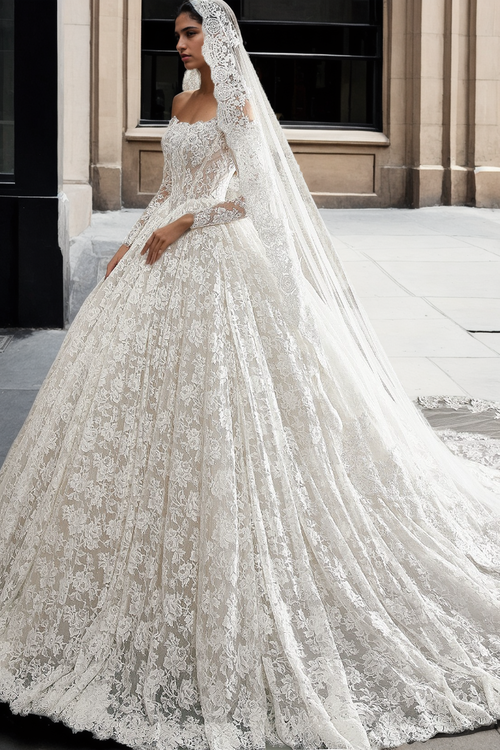 Personalized Luxurious Ball Gown Bridal Dress With Off-Shoulder Neckline, Long Sleeves, And Grand Full Train In Premium Off-White Floral Lace