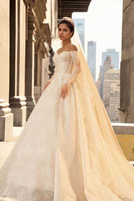 Off-Shoulder Lace Ball Gown Wedding Dress with Long Sleeves