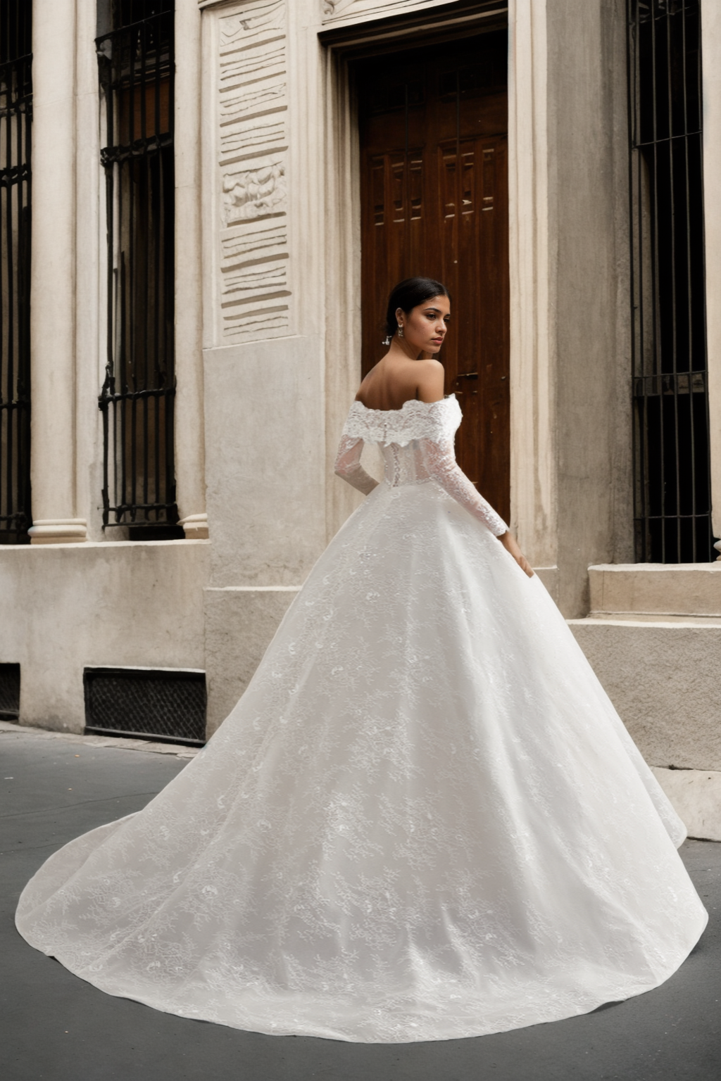 Personalized Luxurious Ball Gown Bridal Dress With Sweetheart Neckline, Long Detached Sleeves, And Voluminous Train In Premium Ivory Floral Lace