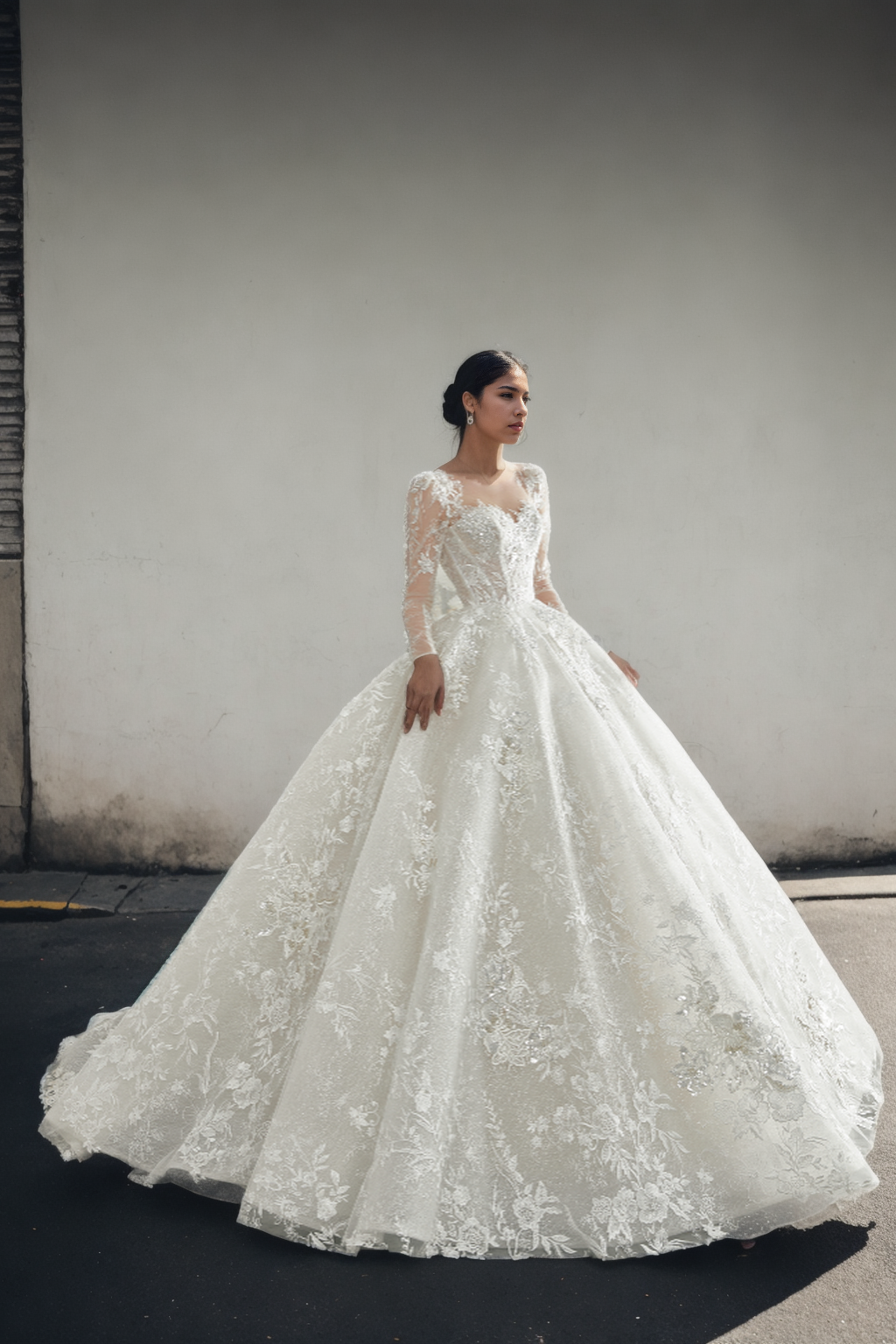 Personalized Royal Ball Gown Bridal Dress With Sweetheart Neckline, Long Sleeves, And Grand Full Skirt In Premium Off-White Floral Lace And Sparkling Tulle