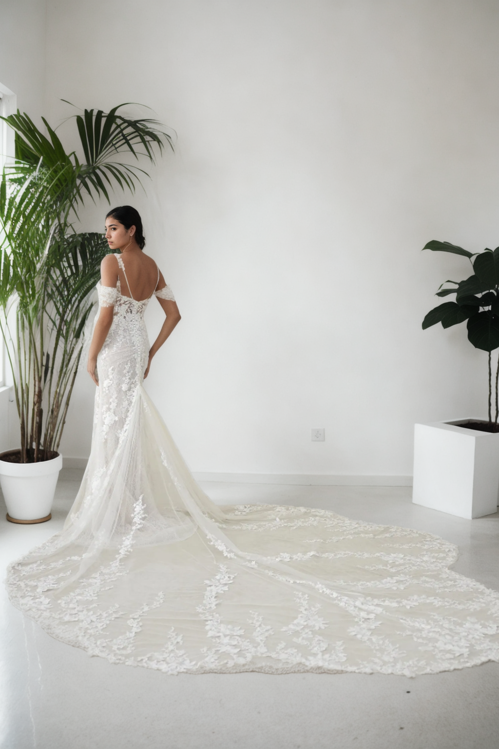 Custom Elegant Mermaid Bridal Gown In Premium Ivory Floral Lace And Tulle With Plunging Off-Shoulder Neckline, Spaghetti Straps, And Luxurious Long Train