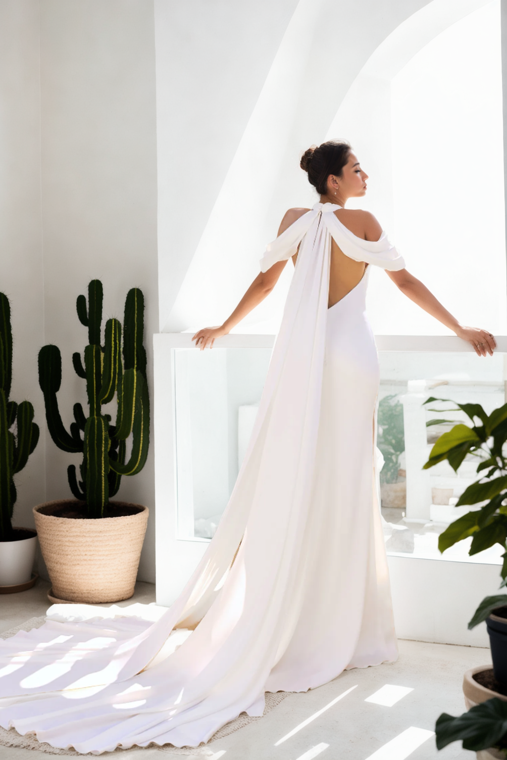 Minimalist Mermaid Bridal Gown With Halter Neck, Elegant Off-Shoulder Sleeves, Soft Flowing Train In Fresh Off-White Satin