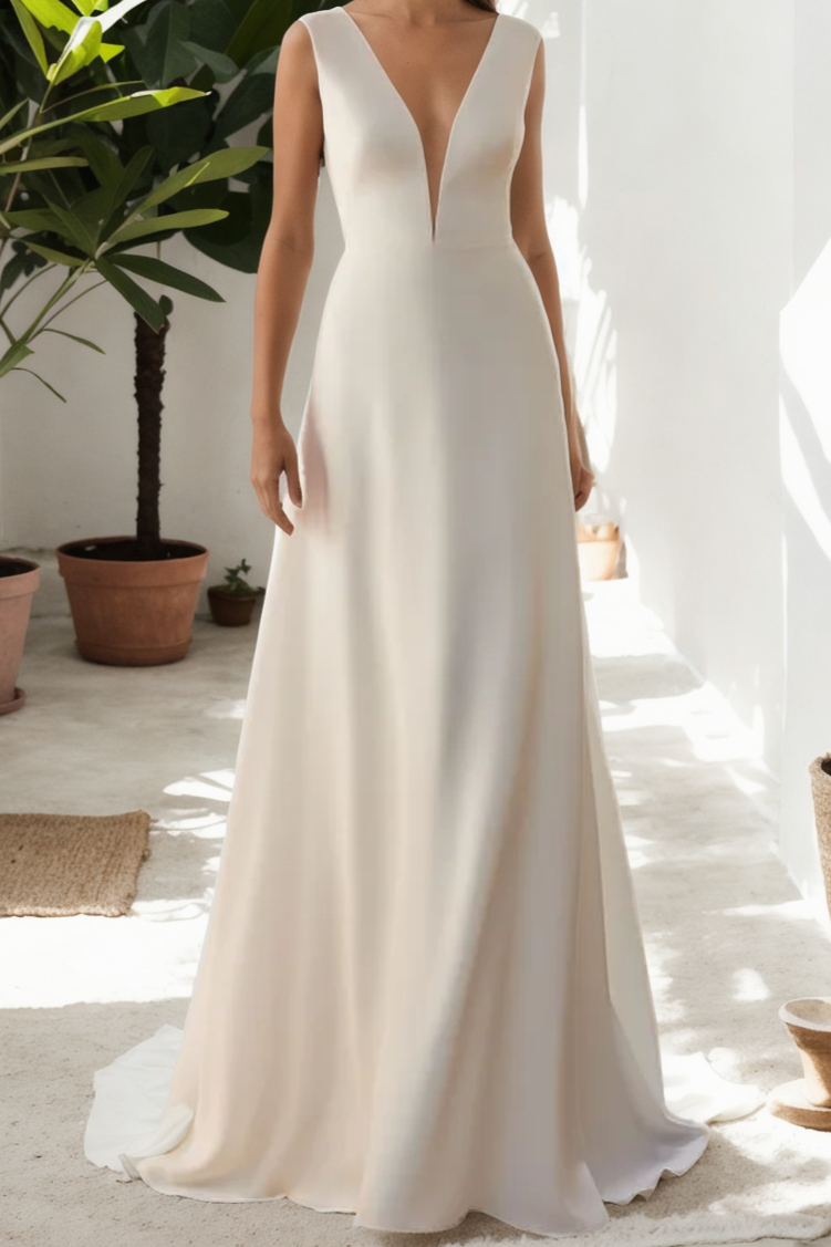 Trendy Custom A-Line Bridal Gown In Thick Ivory Satin With Deep V-Neck, Sleeveless Design, Open Back, And Long Floor-Length Train